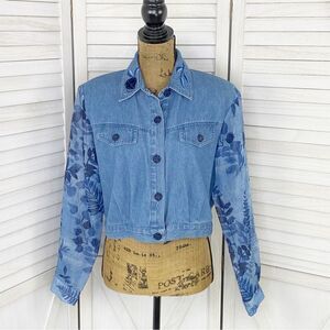Nancy Bolen City Girl Embroidered Chambray Sheer Sleeve‎ Crop Shacket Blue 10P